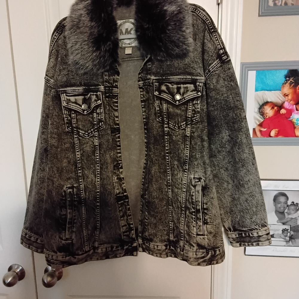 Michael Kors Gray Denim Jacket with Faux Fur Collar